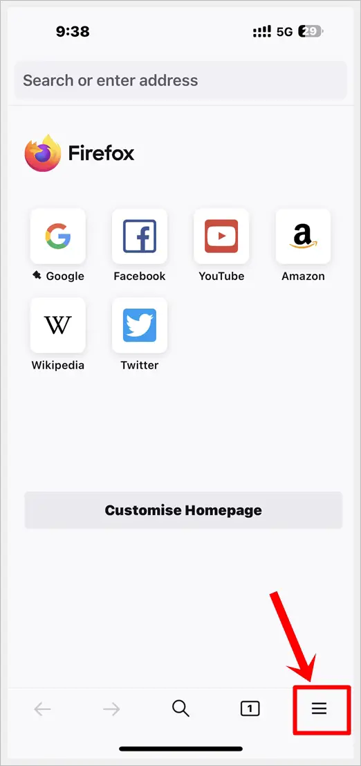 This image shows the Firefox app on iOS. The 3-Line Menu Icon is highlighted.
