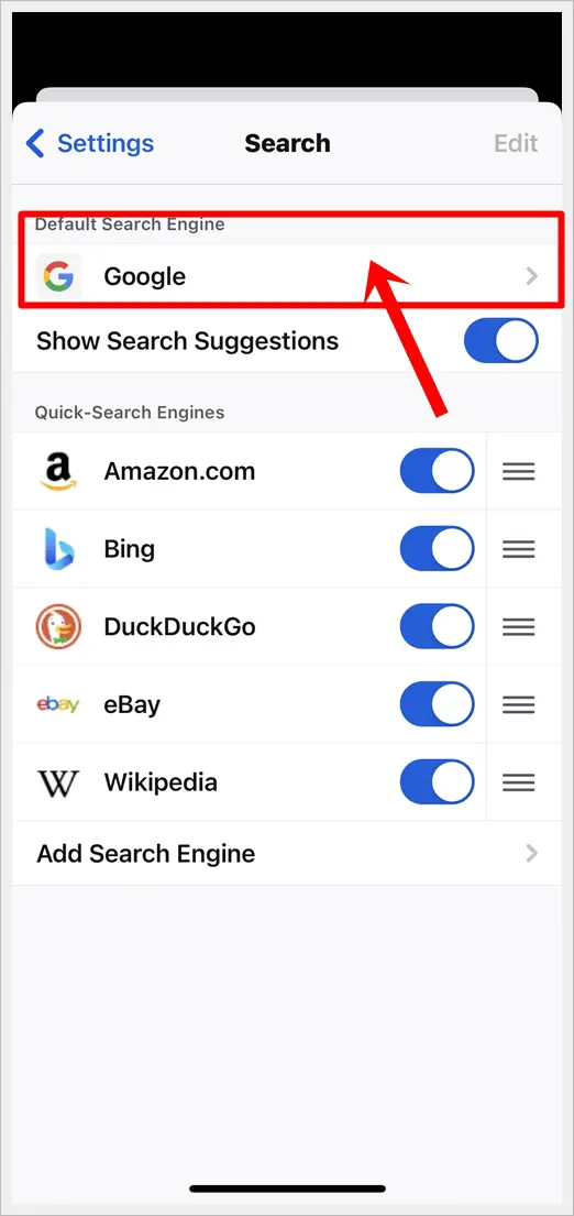 This image shows the "Search" screen of Firefox for iOS. The "Default Search Engine" option is highlighted.