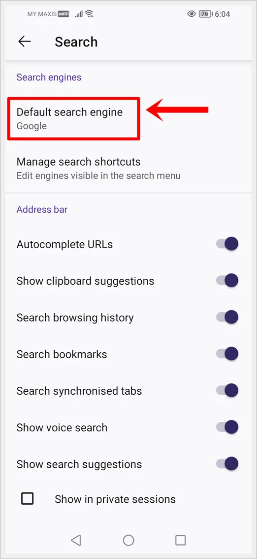 This image shows the "Search" screen of Firefox for Android. The "Default search engine" option is highlighted.