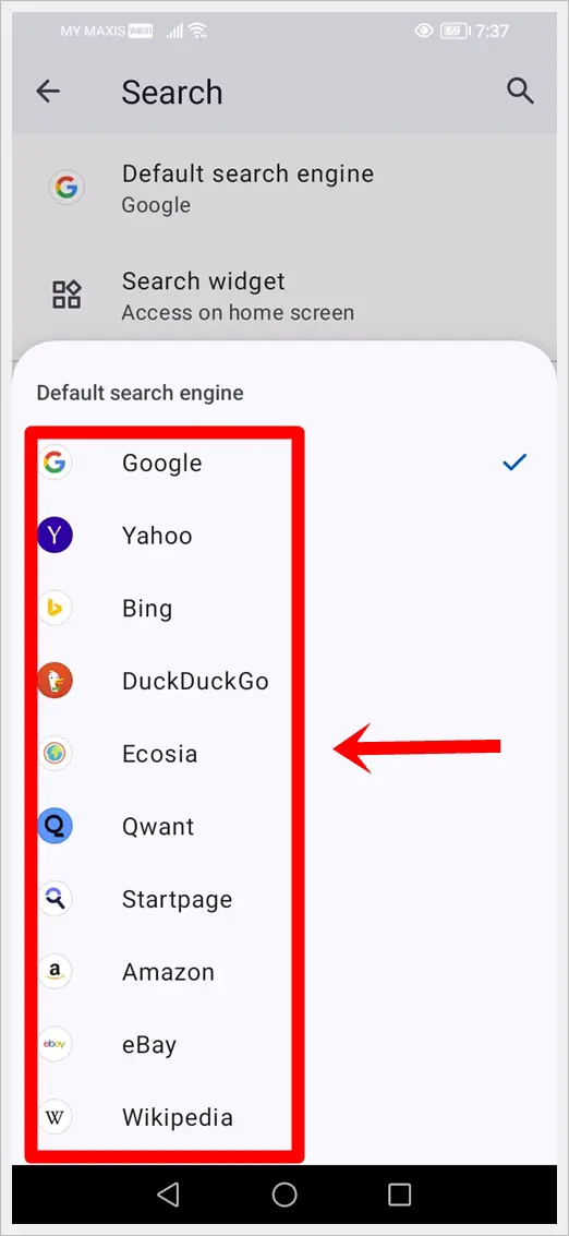 This image shows the various search engines available to be chosen as the default search engine of Opera for Android.