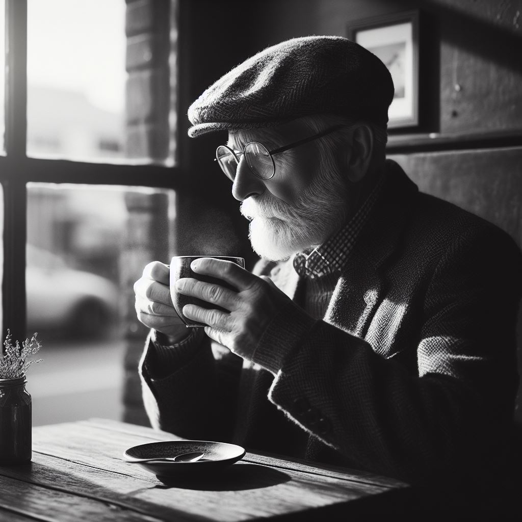 AI-generated image of an old man holding a cup of coffee.