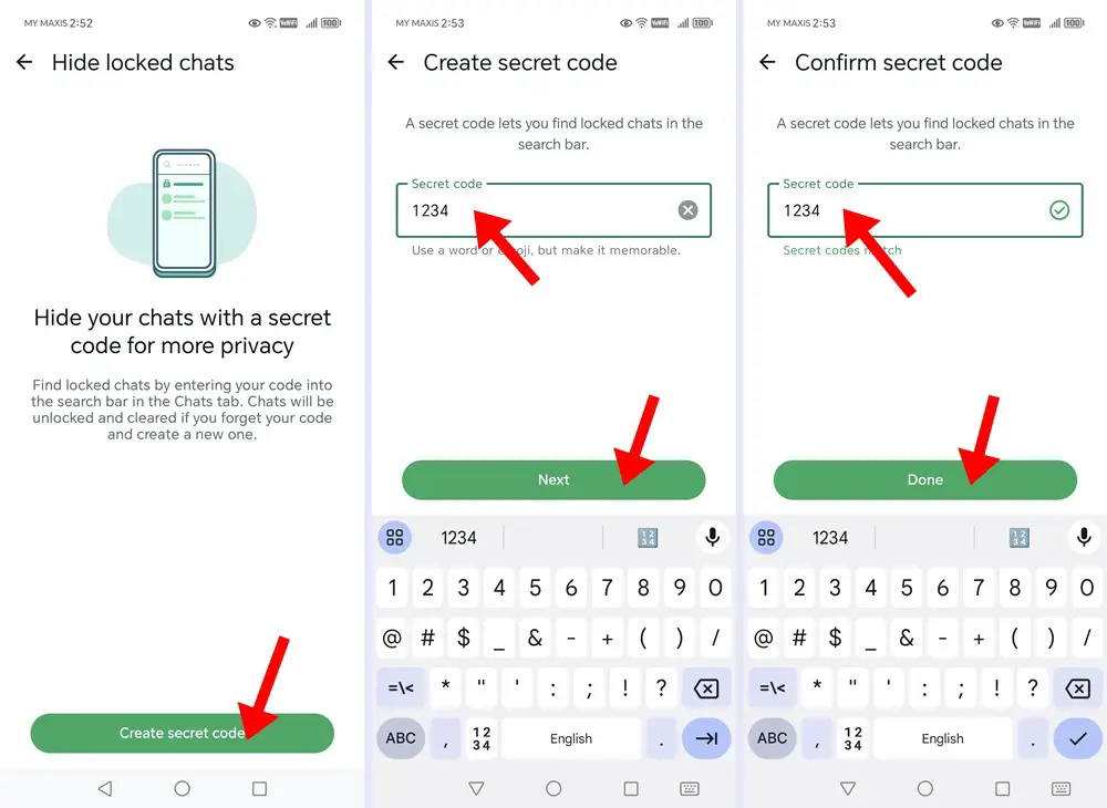 Android-WhatsApp-Creating and confirming secret code for the purpose of hiding and finding the Locked Chats folder.