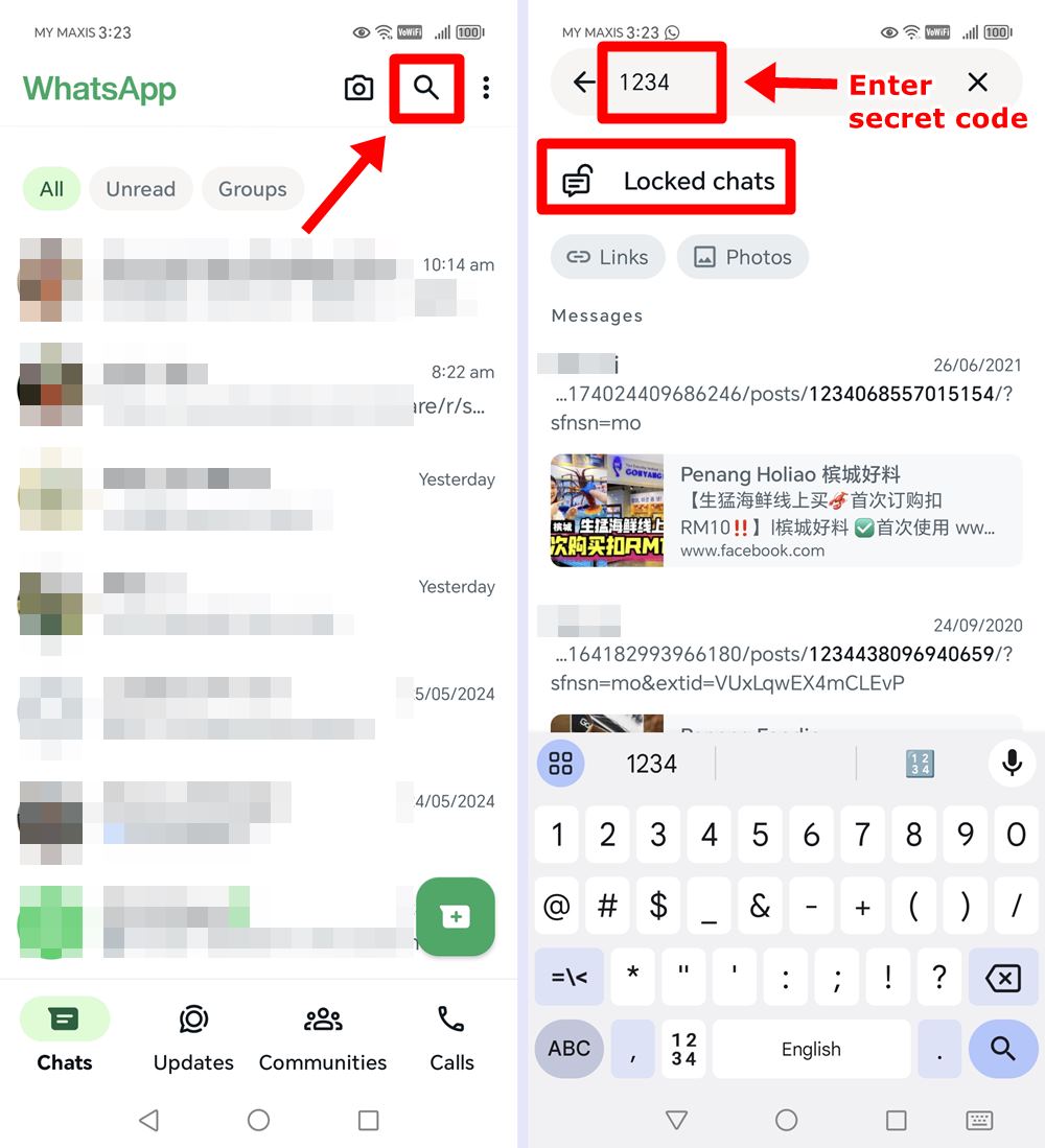 Android-WhatsApp-Enter secret code in the search bar to find hidden Locked Chats folder