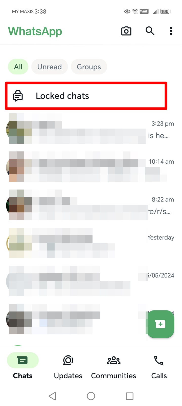 Screenshot of the WhatsApp chats screen on an Android phone with the Locked Chats folder highlighted.