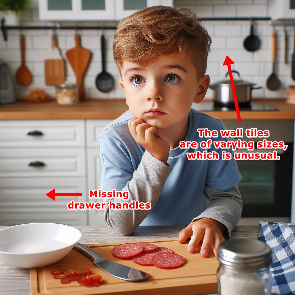 An AI-generated image depicts a boy in the kitchen. The background is blurred, revealing clear inconsistencies upon closer inspection.