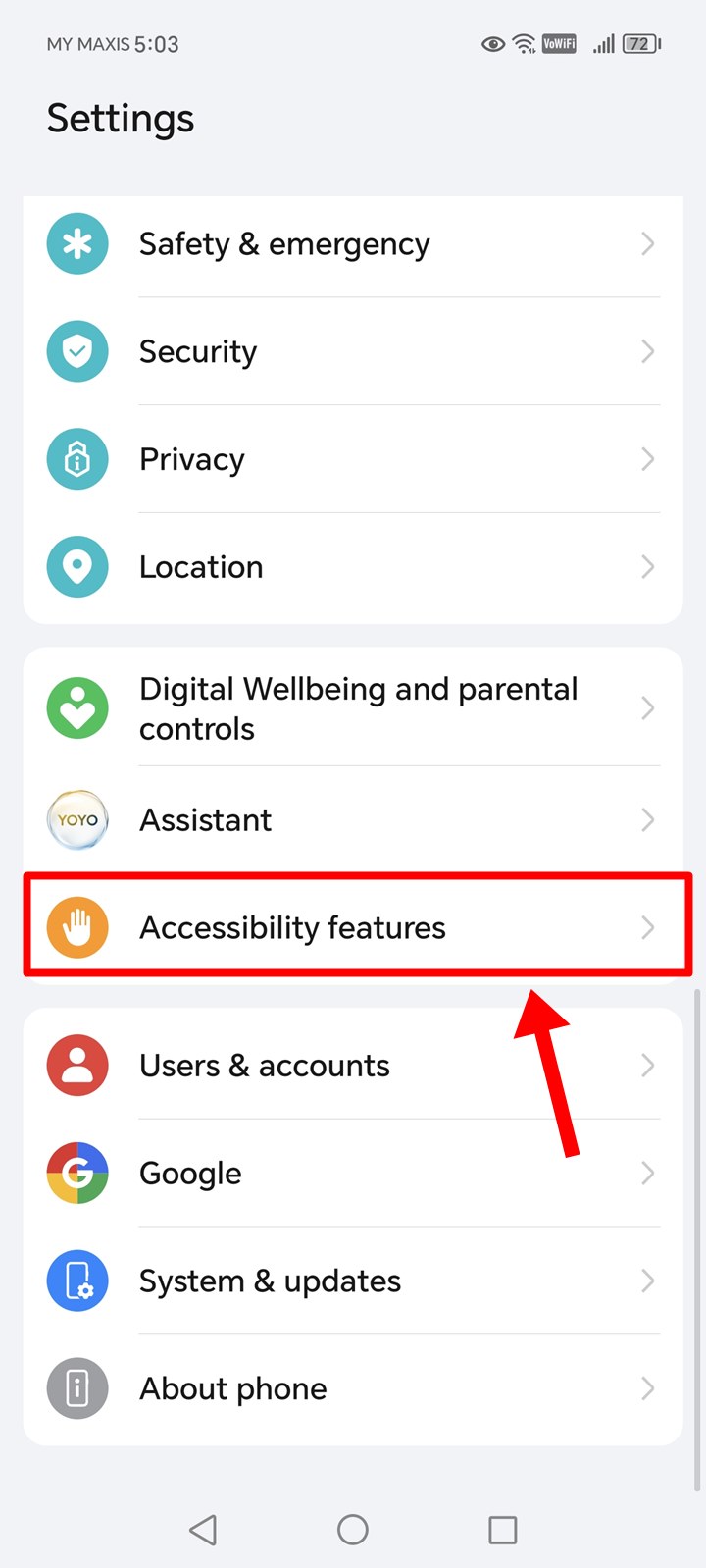 The "Accessibility Features" option is highlighted on this Honor phone.