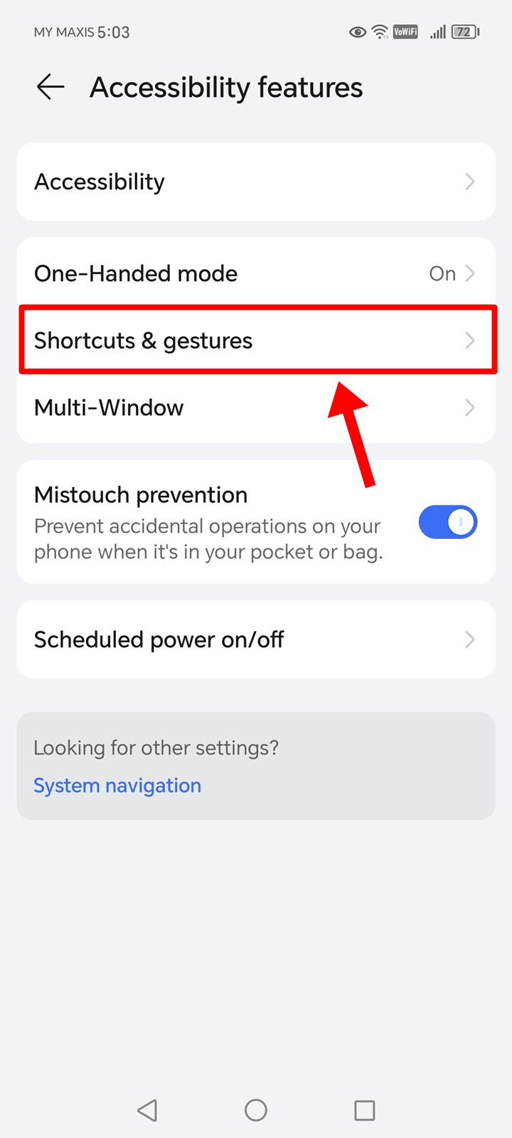 The "Shortcuts & Gestures" option is highlighted on an Honor phone.