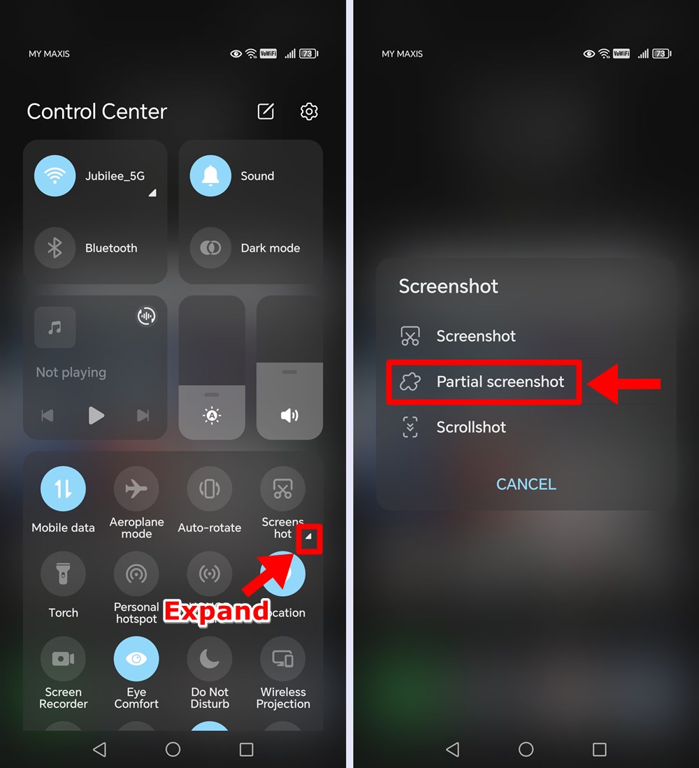 How to capture a partial screenshot by using the "Partial Screenshot" shortcut in the control center.