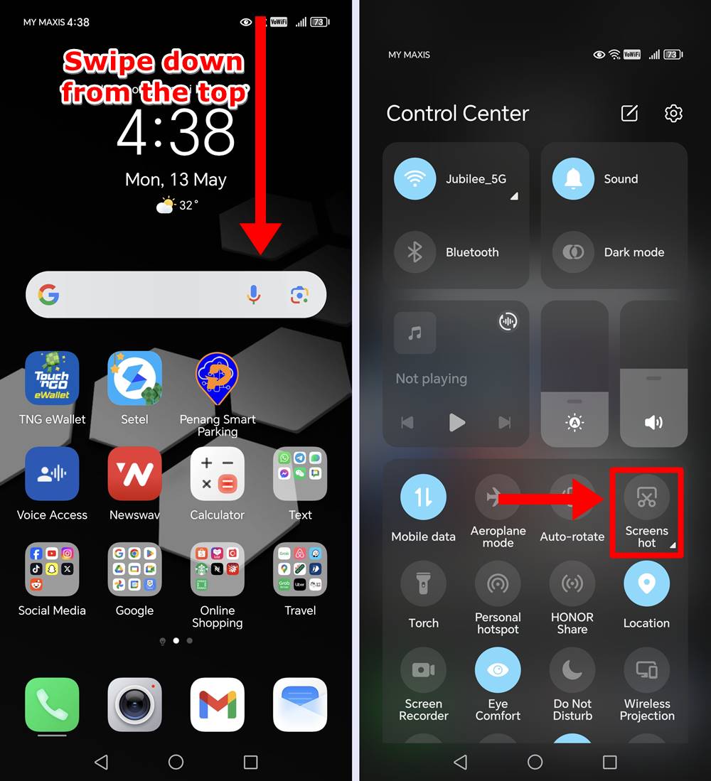 Tap the "Screenshot" Icon in the control center to instantly capture a screenshot.
