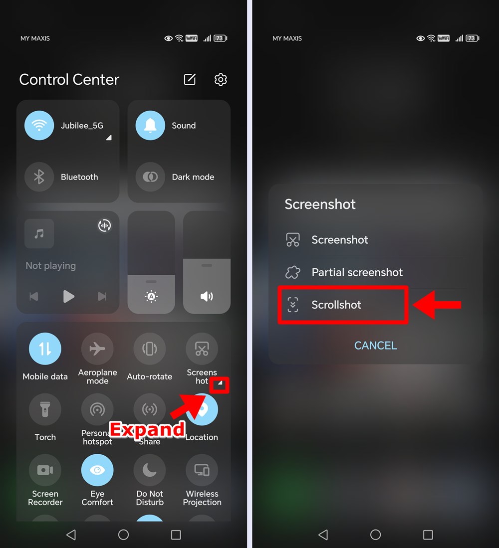 How to capture a scrollshot by using the "Scrollshot" shortcut in the control center.
