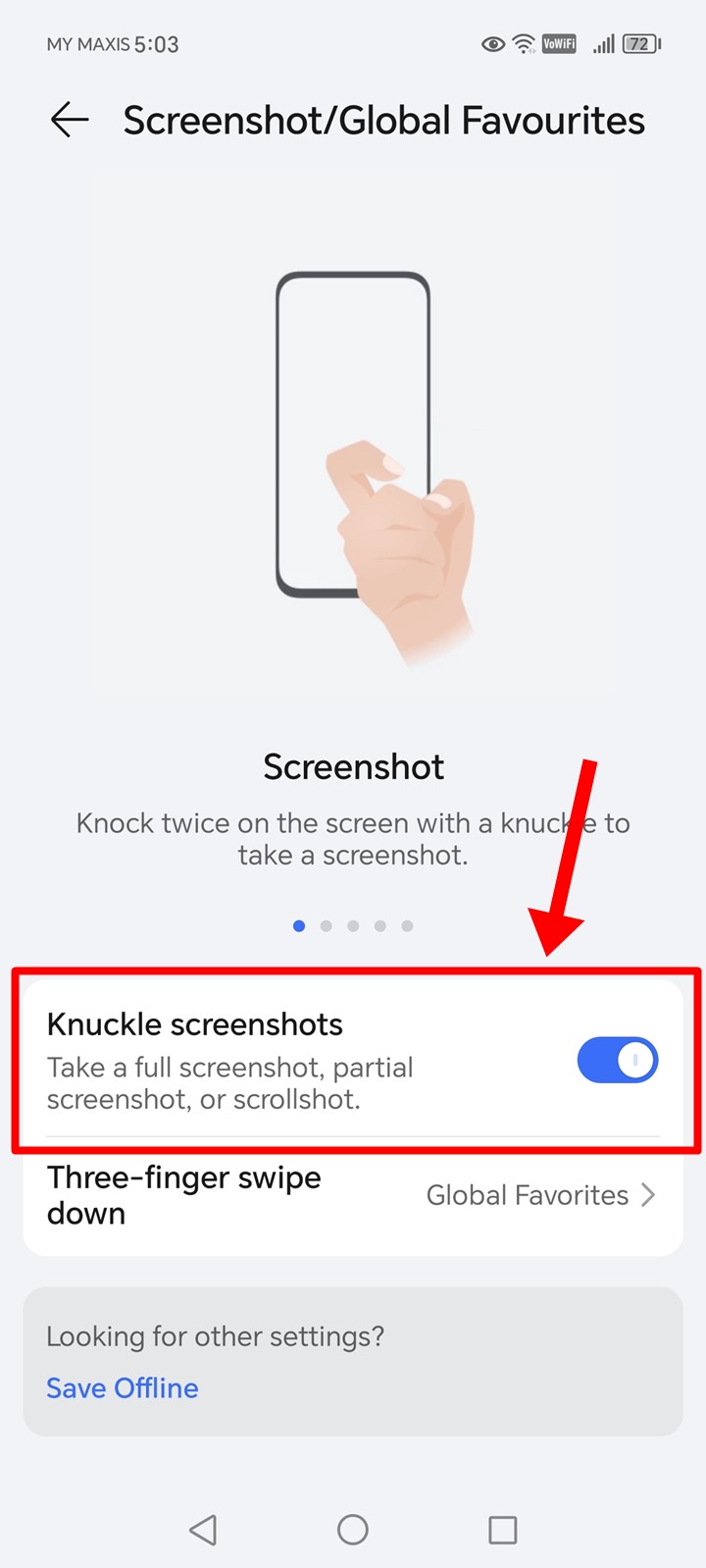 The "Knuckle Screenshots" option is toggled on for this Honor phone.