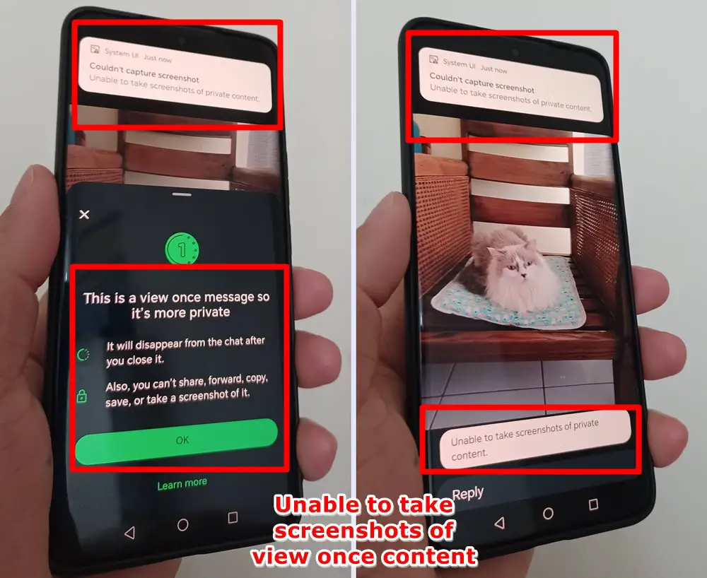 This photo shows that taking screenshots of WhatsApp View Once content is not allowed, and a message stating 'Couldn't capture screenshot' appears if you try.