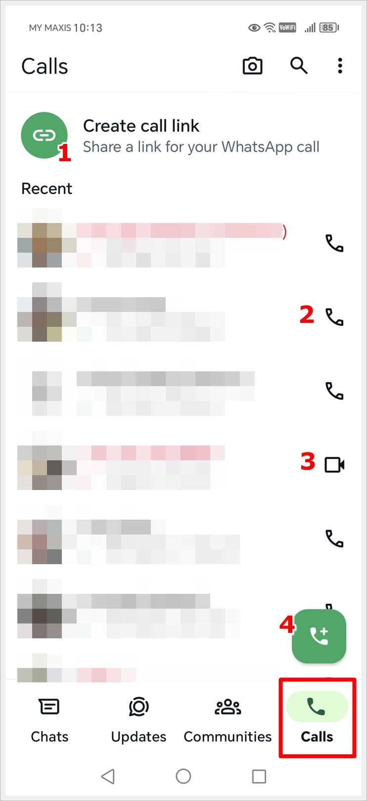 WhatsApp Calls page (Represented by a Phone Icon) Symbols & Icons Meaning.