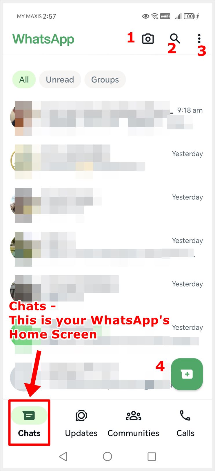 WhatsApp Home Screen (Represented by The "Chats" Tab) Symbols and Icons.