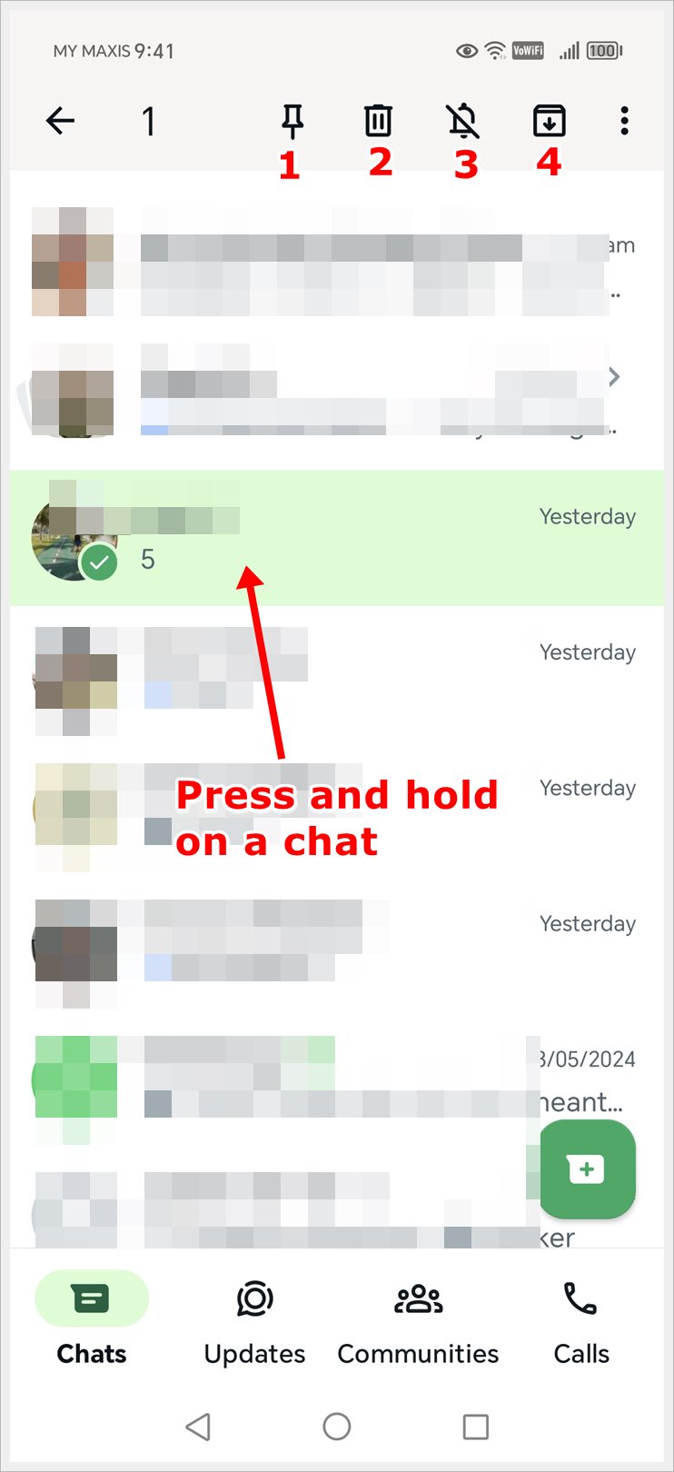 Press and hold on a WhatsApp chat, and a set of symbols and icons will appear at the top of the screen.