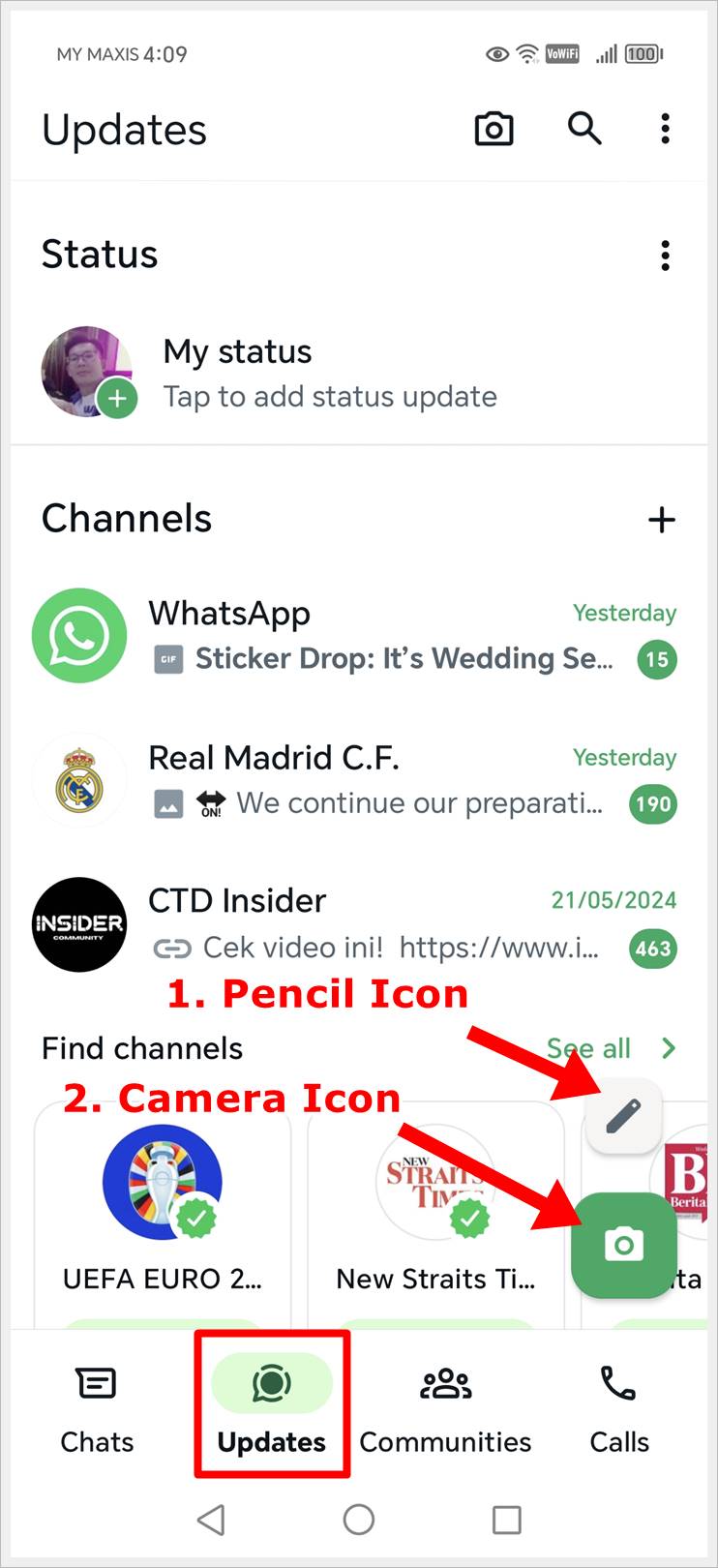 WhatsApp Updates Screen (Represented by the "Updates" Tab) Symbols & Icons.