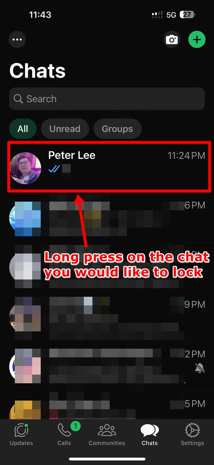 Screenshot of the WhatsApp Chats screen on an iPhone, highlighting a random chat to show the first step of locking it.