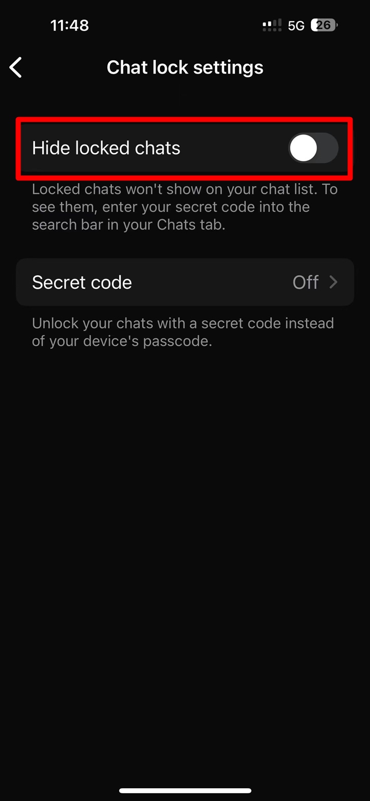Screenshot of WhatsApp's "Chat Lock Settings" screen on an iPhone, with the "Hide Locked Chats" option highlighted, indicating to toggle it on to hide the Locked Chats folder.