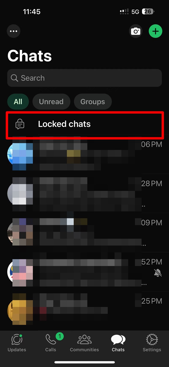 Screenshot of the WhatsApp Chats screen on an iPhone with the Locked Chats folder highlighted.