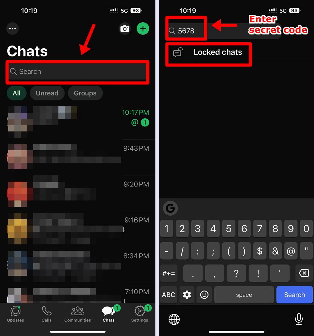 iPhone-WhatsApp-Enter secret code in the search bar to find hidden Locked Chats folder