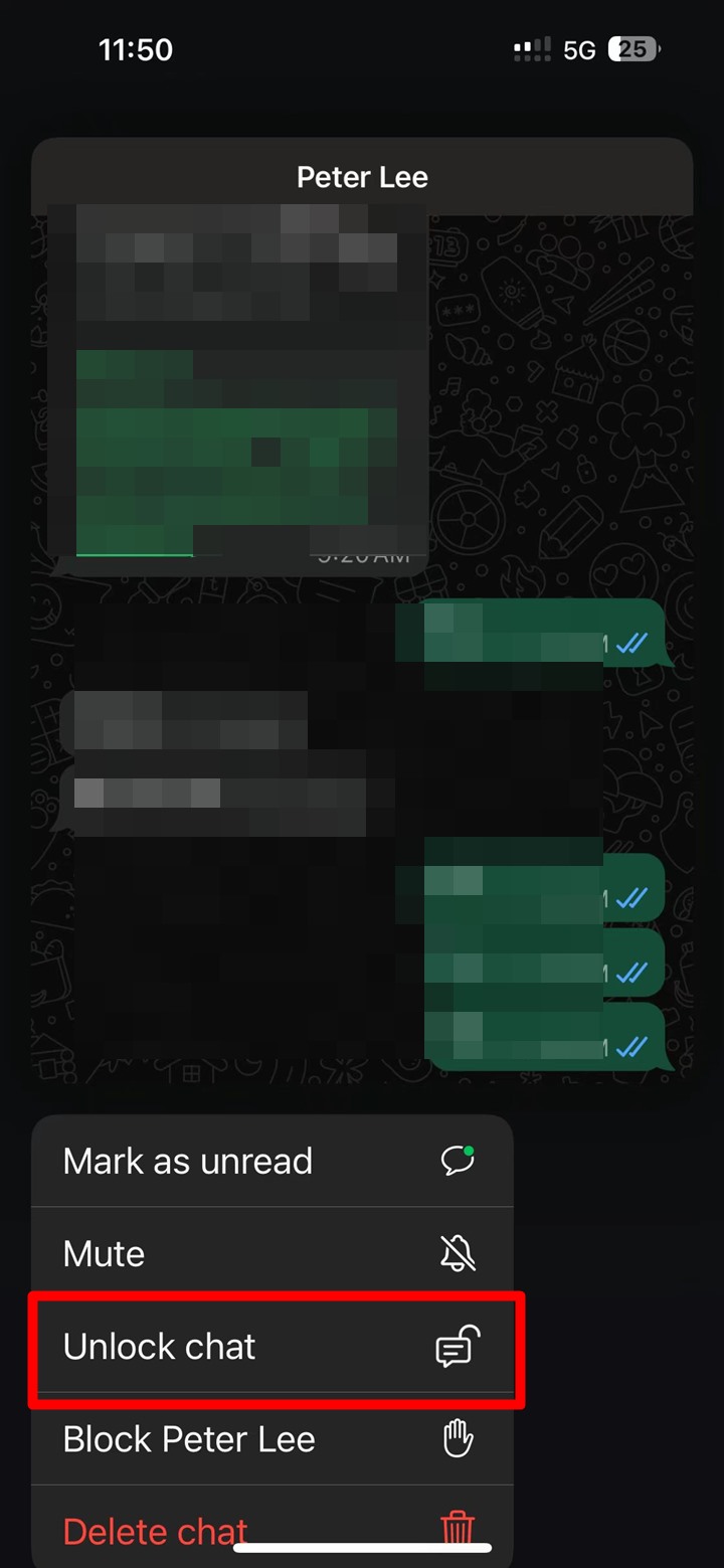 Screenshot of a WhatsApp chat thread on an iPhone, with a menu showing various options. The 'Unlock chat' option is highlighted, indicating to tap it to unlock the chat.