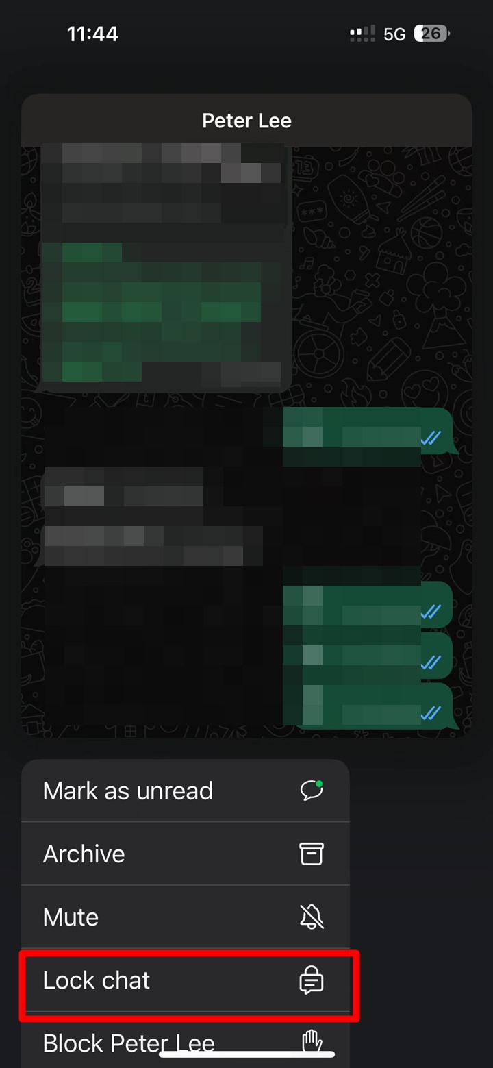 Screenshot of a WhatsApp chat thread on an iPhone, with a menu showing various options. The 'Lock chat' option is highlighted, indicating to tap it to lock the chat.
