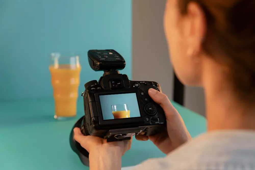 This photo depicts a female photographer taking photos of a beverage in her studio using a digital camera.