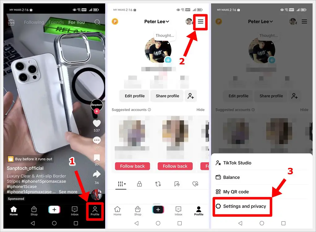 This photo depicts three combined screenshots of a TikTok account, showcasing how to fix 'TikTok can't repost' issues by going into the user's profile and changing the account privacy settings.