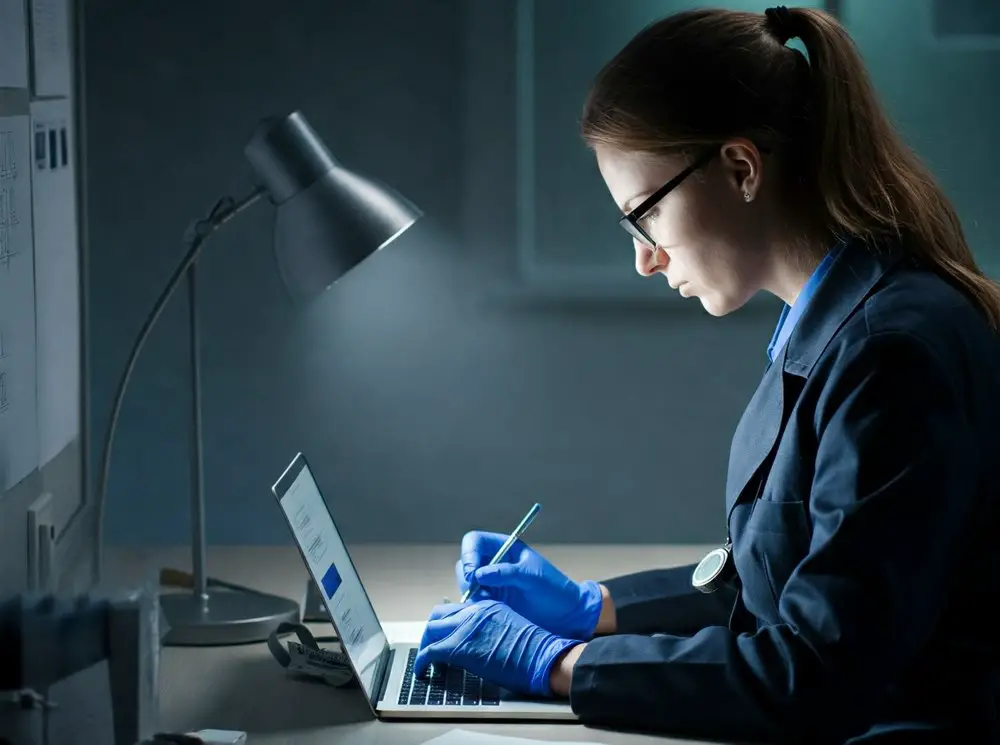 A female digital forensic investigator at work.