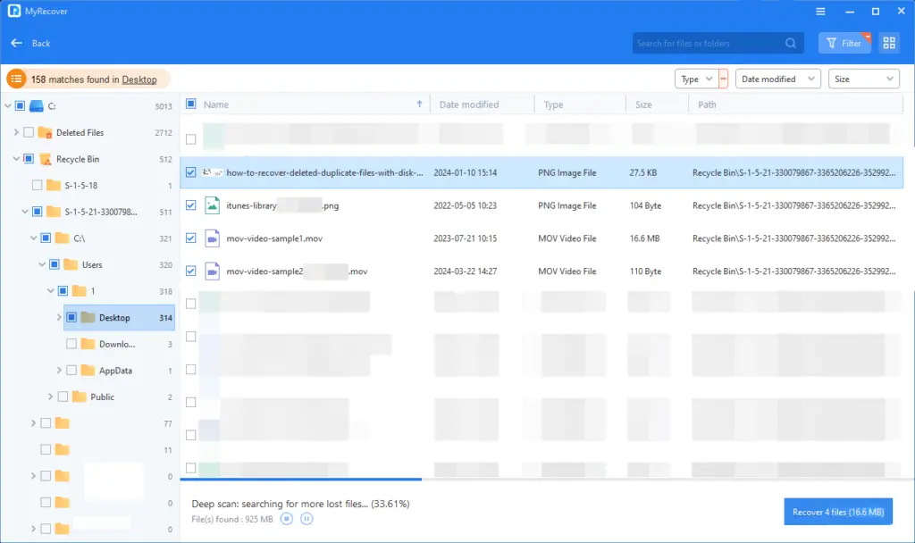 MyRecovery software performing deep scan searching for lost files