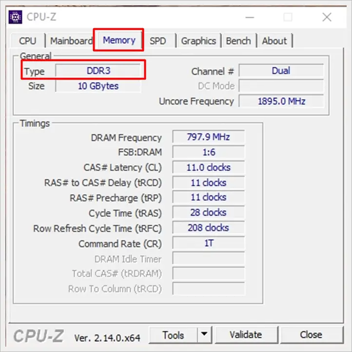 Open the CPU-Z app and navigate to the “Memory” tab for RAM type and speed.